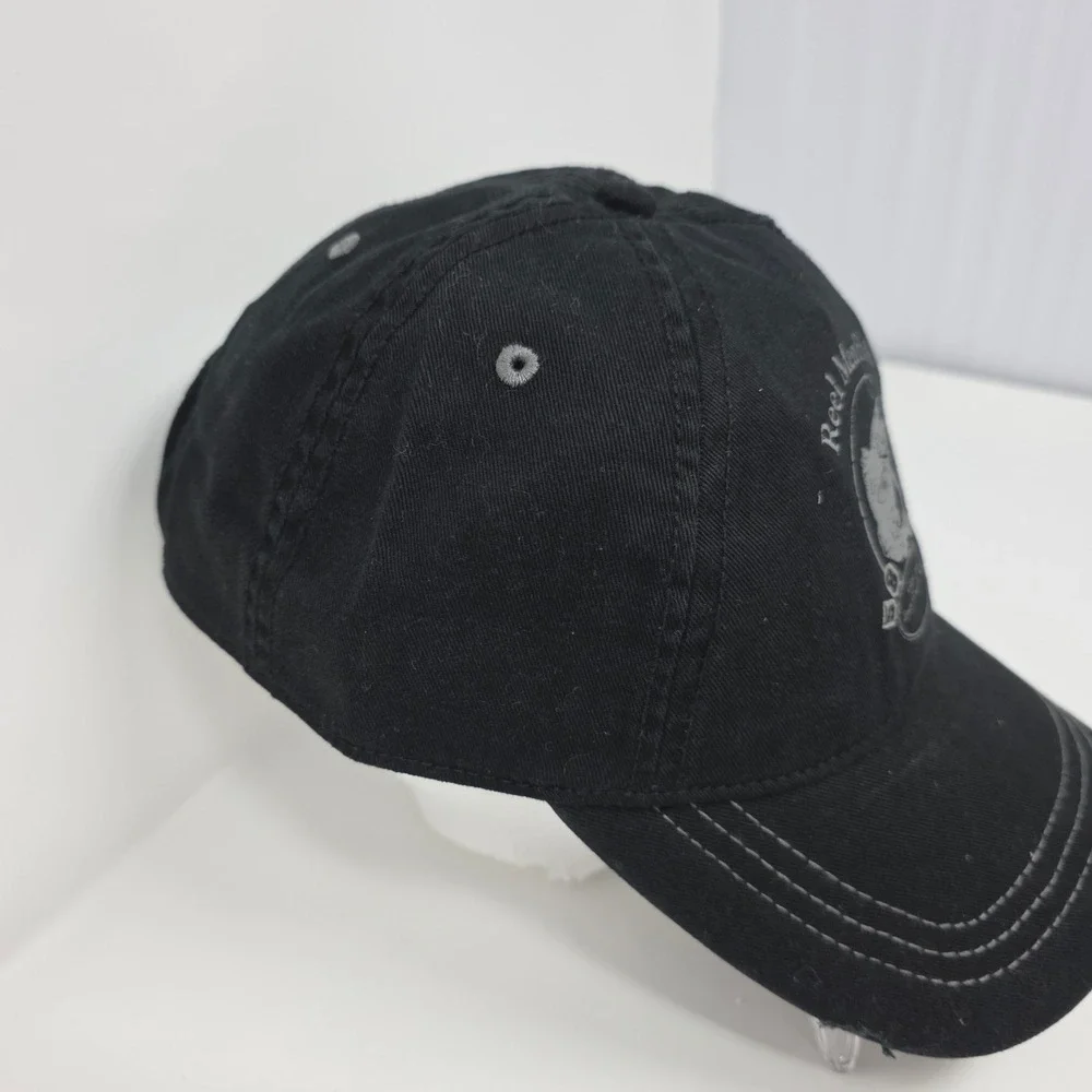 Reel Men Fish Baseball Cap OSFM Fishing Graphic Distressed Snapback Black Hat